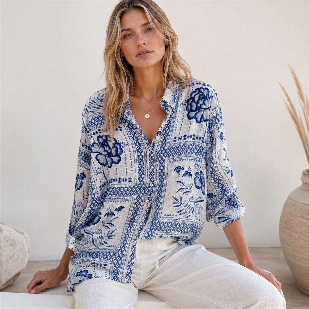 Halston Floral Tile Linen Button Down Shirt Womens  M Blue White Coastal Boho‎
